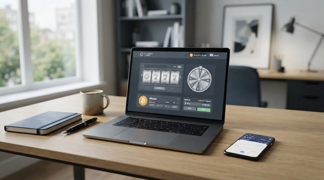 Moderní notebook s Bitcoin symbolem a herními automaty na obrazovce