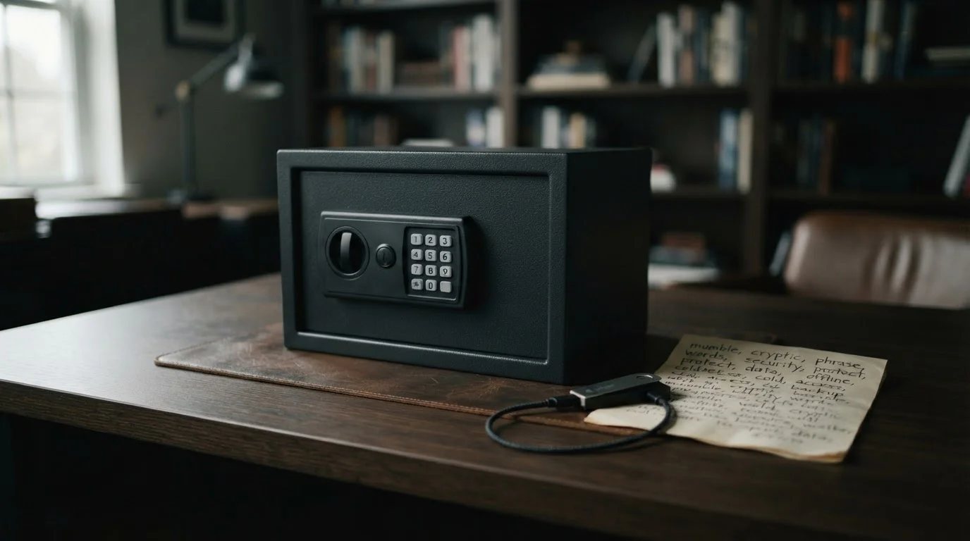 Trezor s privátními klíči a papírem se seed phrase