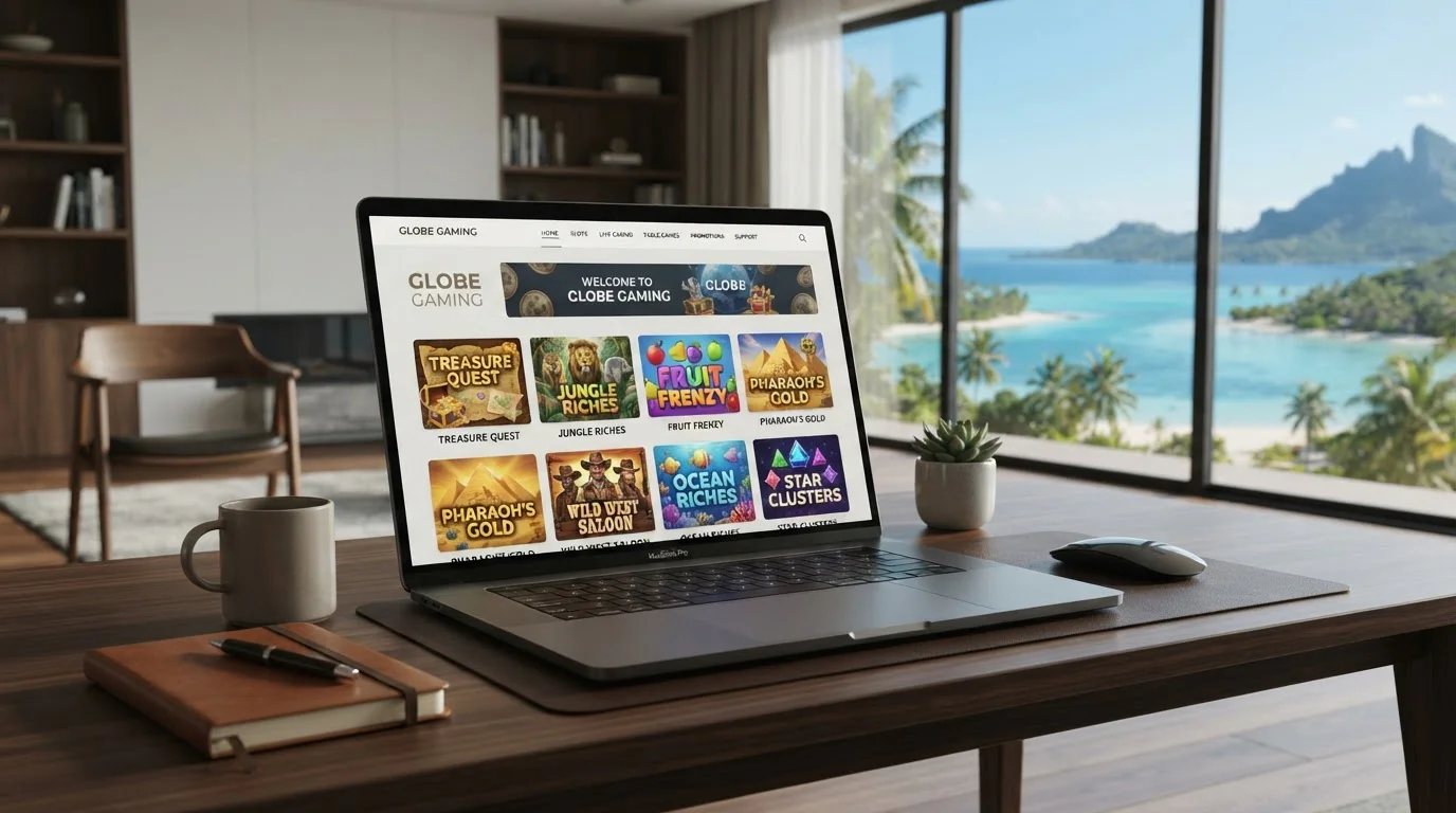 Mezinárodní online casino platforma zobrazená na notebooku