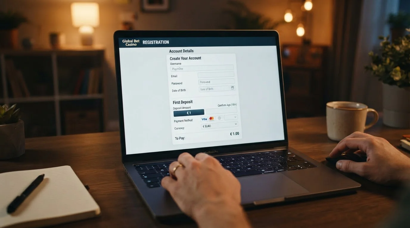 Detail laptopu s otevřenou registrační stránkou mezinárodního online casina, viditelné pole pro minimální vklad 1 euro