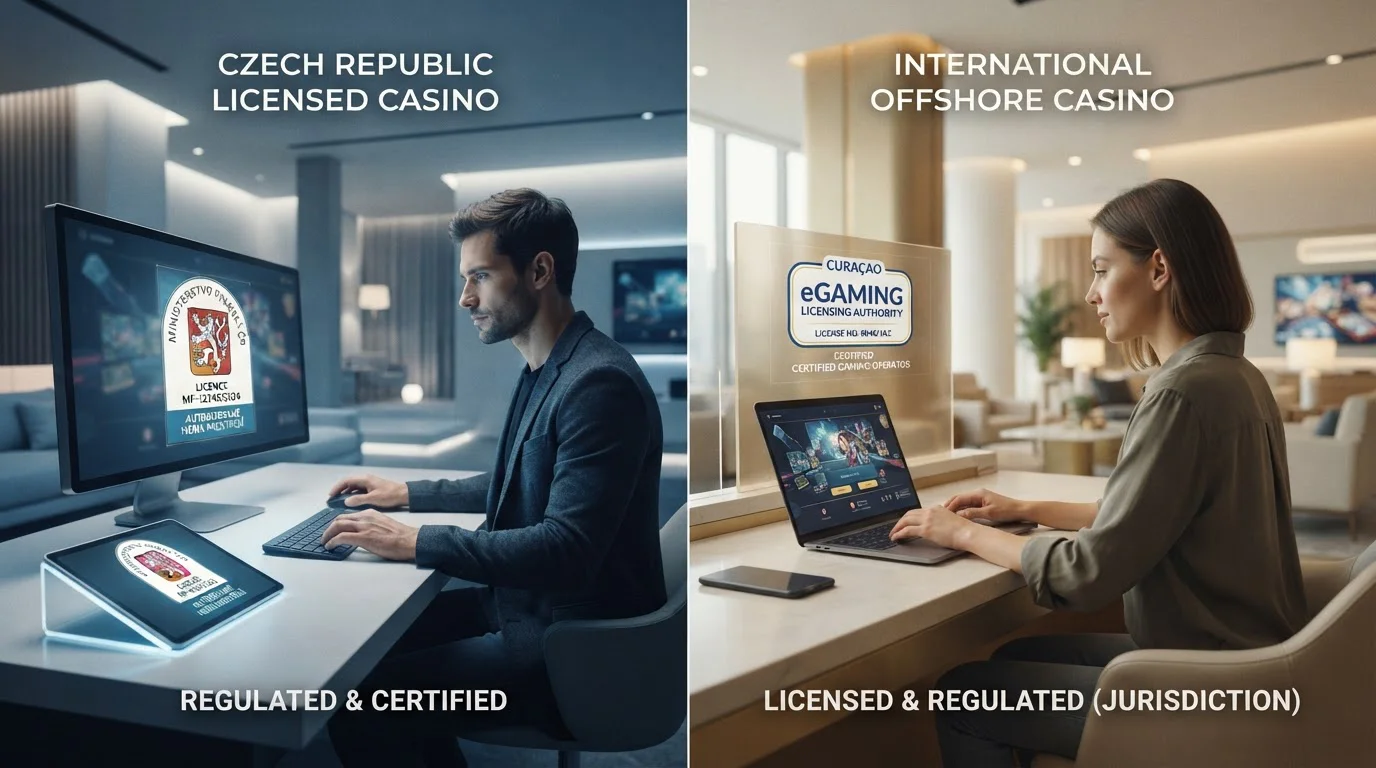 Split-screen kompozice porovnávající České licencované casino s MFČR pečetí na levé straně proti offshore casino s mezinárodní licencí vpravo bez skutečných log