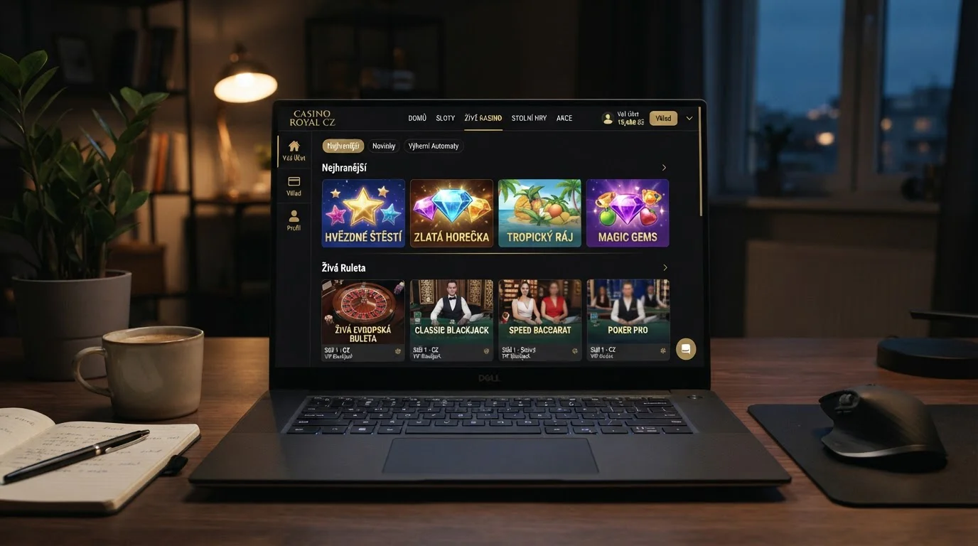 Moderní herní lobby online kasina s automaty a live casino sekcí na notebooku
