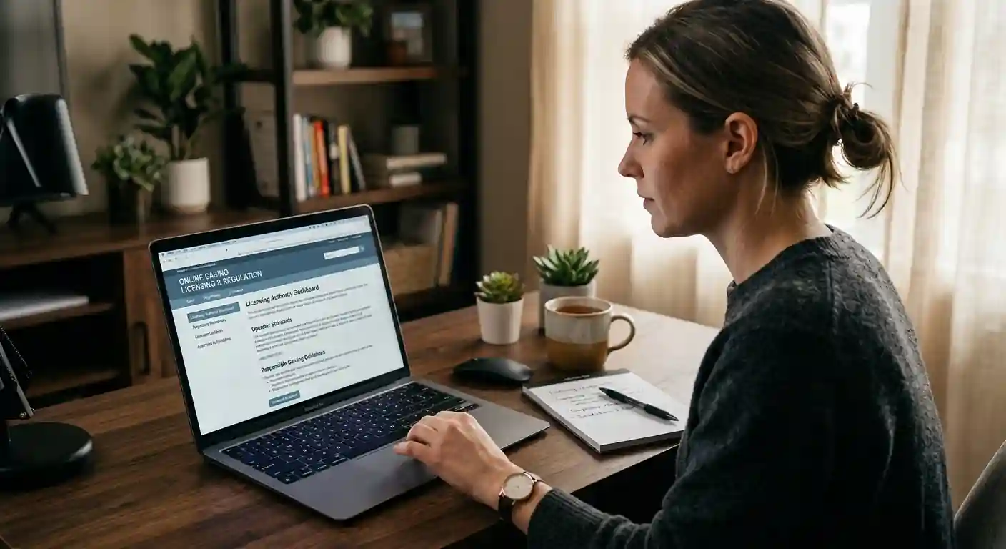 Osoba u počítače kontrolující online recenze kasina a licenční informace