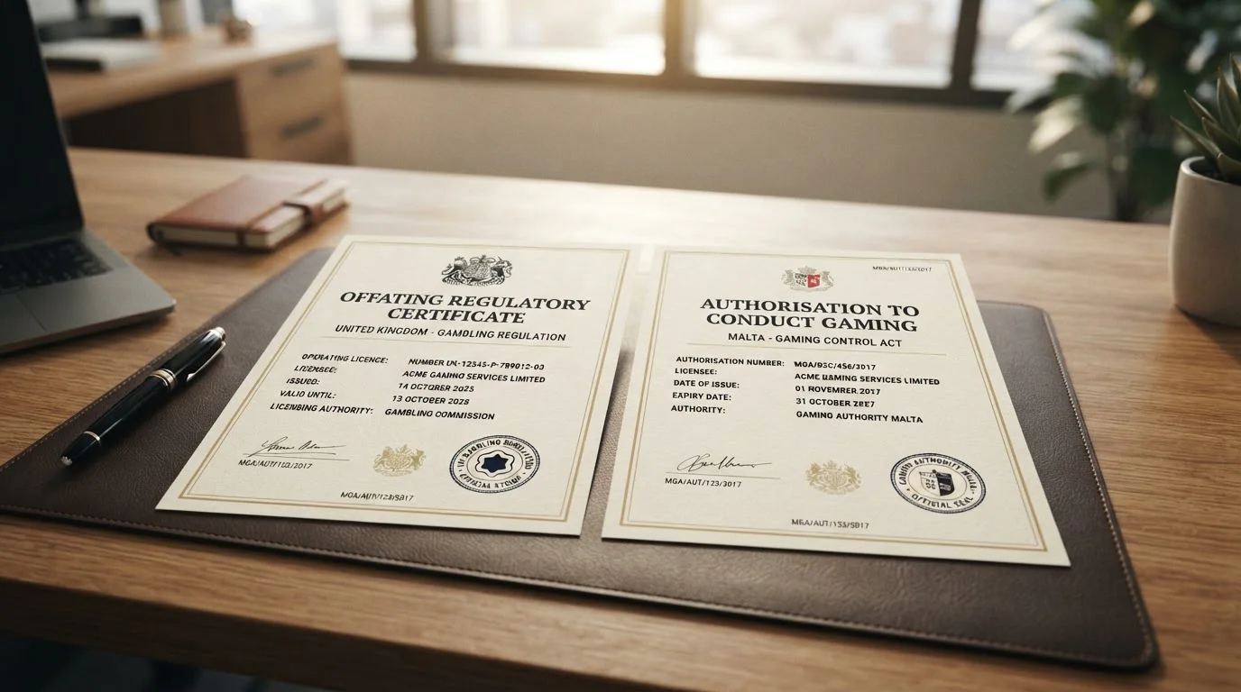 Dokumenty s UK Gambling Commission a Malta Gaming Authority licencemi