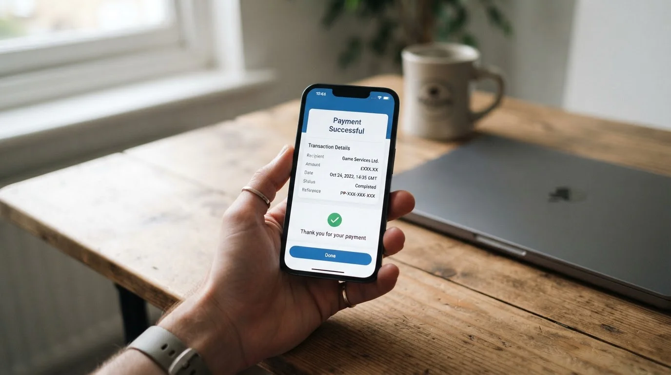 Smartphone zobrazující PayPal transakci v online kasinu