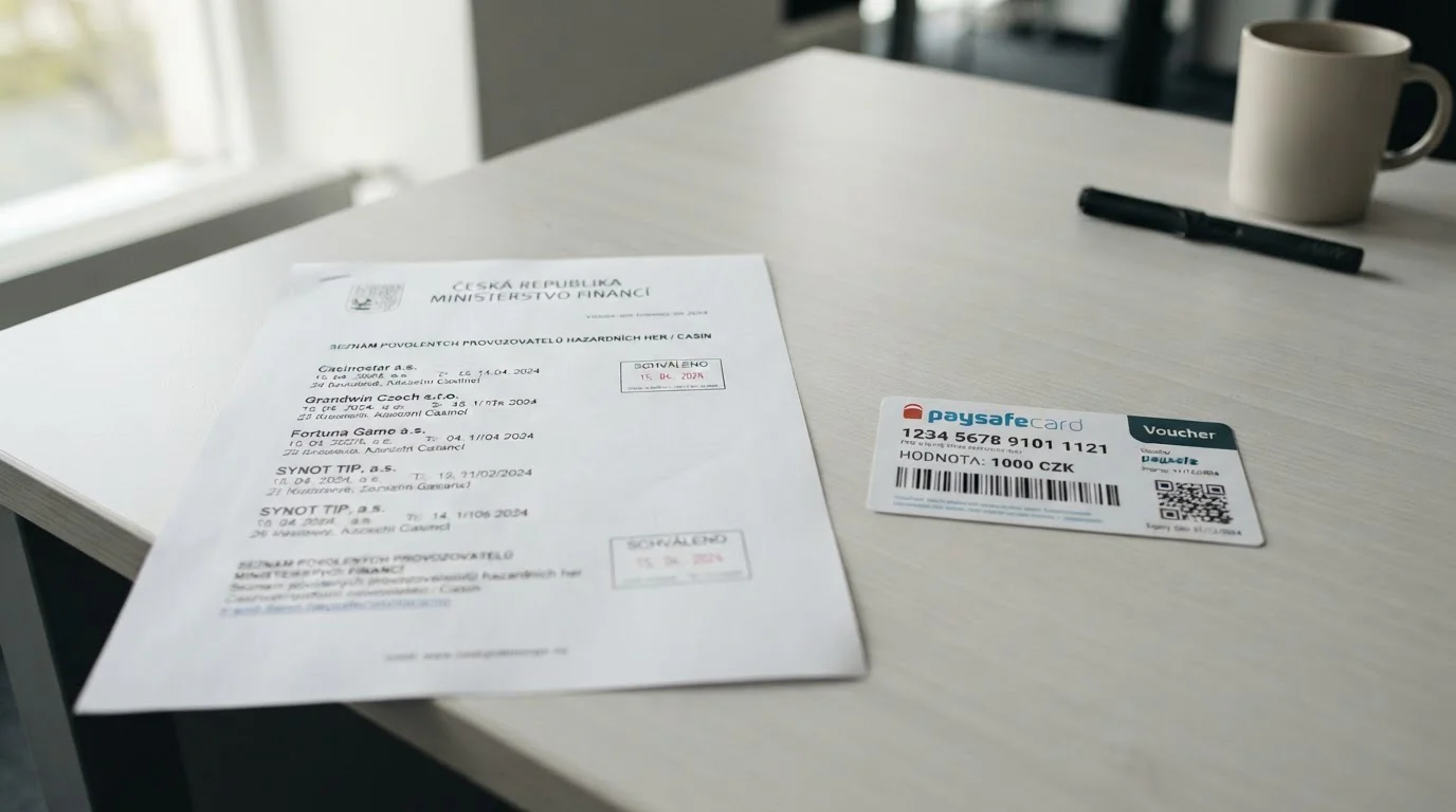 Dokument s českými casino licencemi a logem Ministerstva financí vedle Paysafecard kupónu
