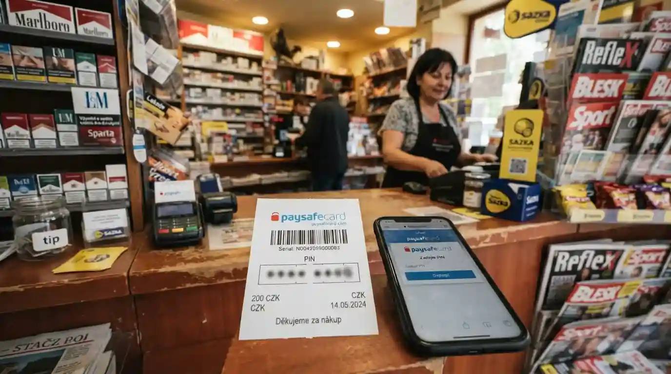 Paysafecard kupón za 100 korun — tištěný kupón s PIN kódem, trafika v pozadí, mobilní telefon s casino vkladem