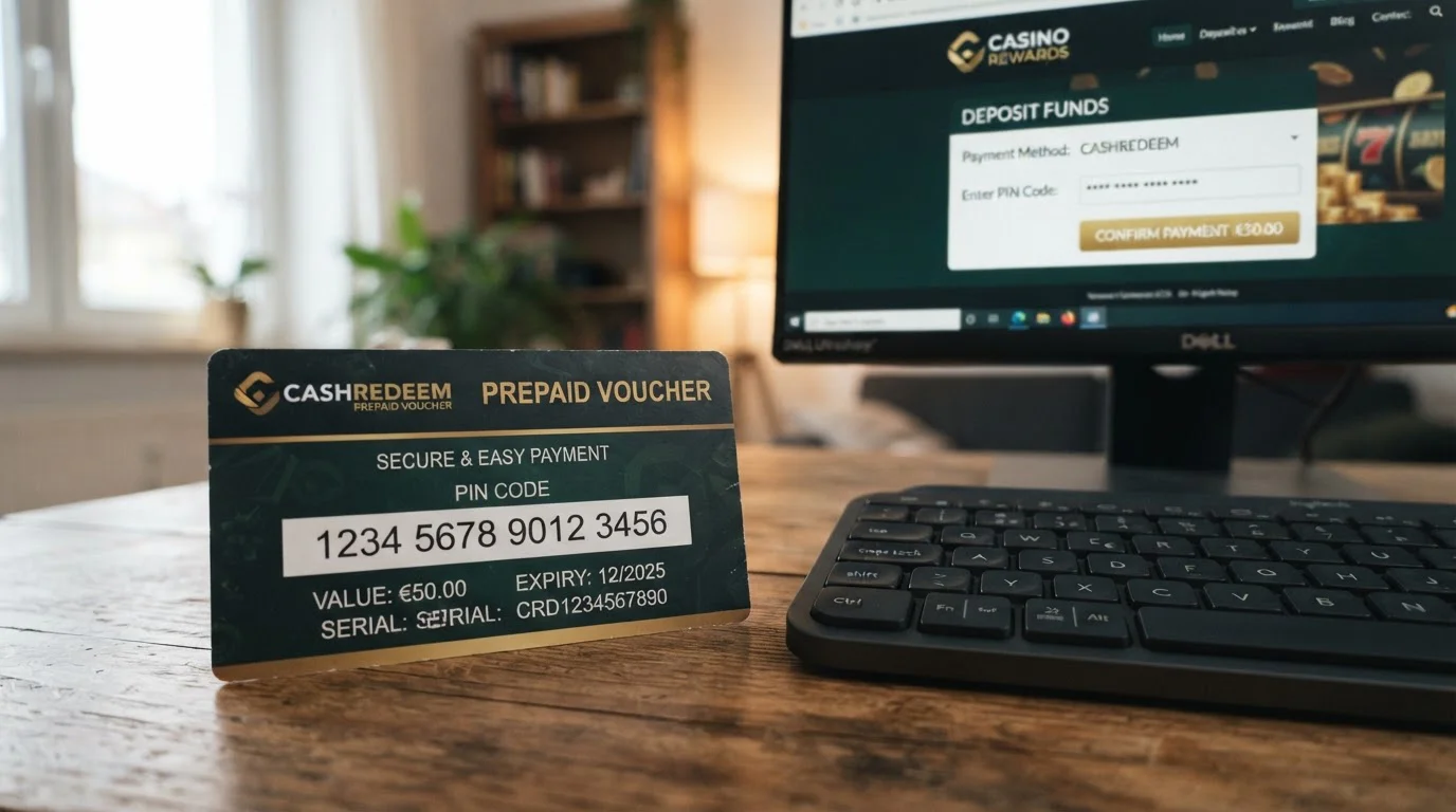 Detailní záběr na Paysafecard kupón s viditelným PIN kódem, položený vedle klávesnice s otevřeným casino vkladovým formulářem na monitoru