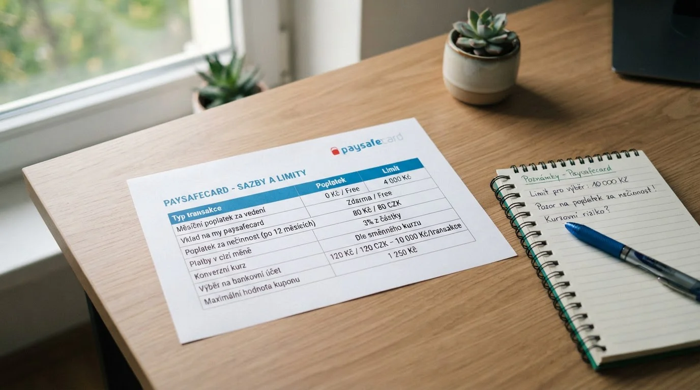 Dokument s přehledem poplatků Paysafecard a notepad s poznámkami na stole