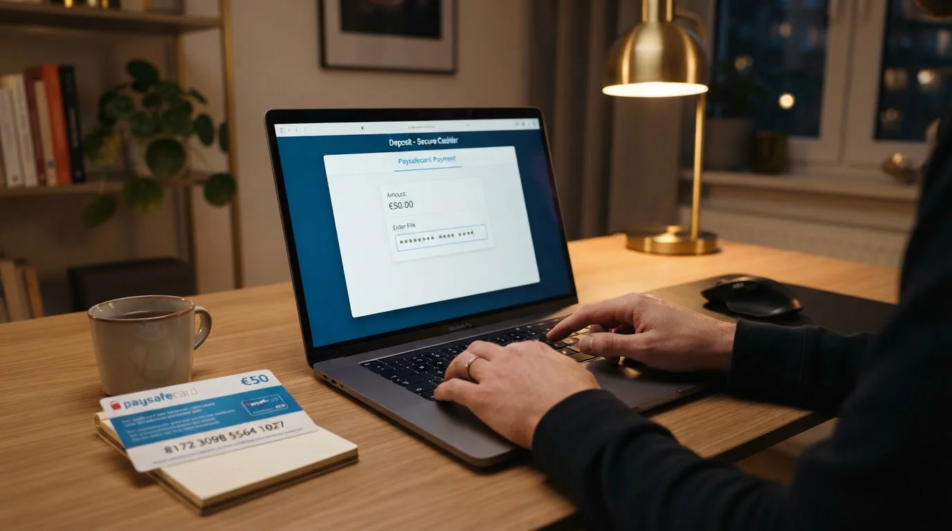 Člověk na notebooku zadává PIN kód z Paysafecard kupónu do pokladny online casina
