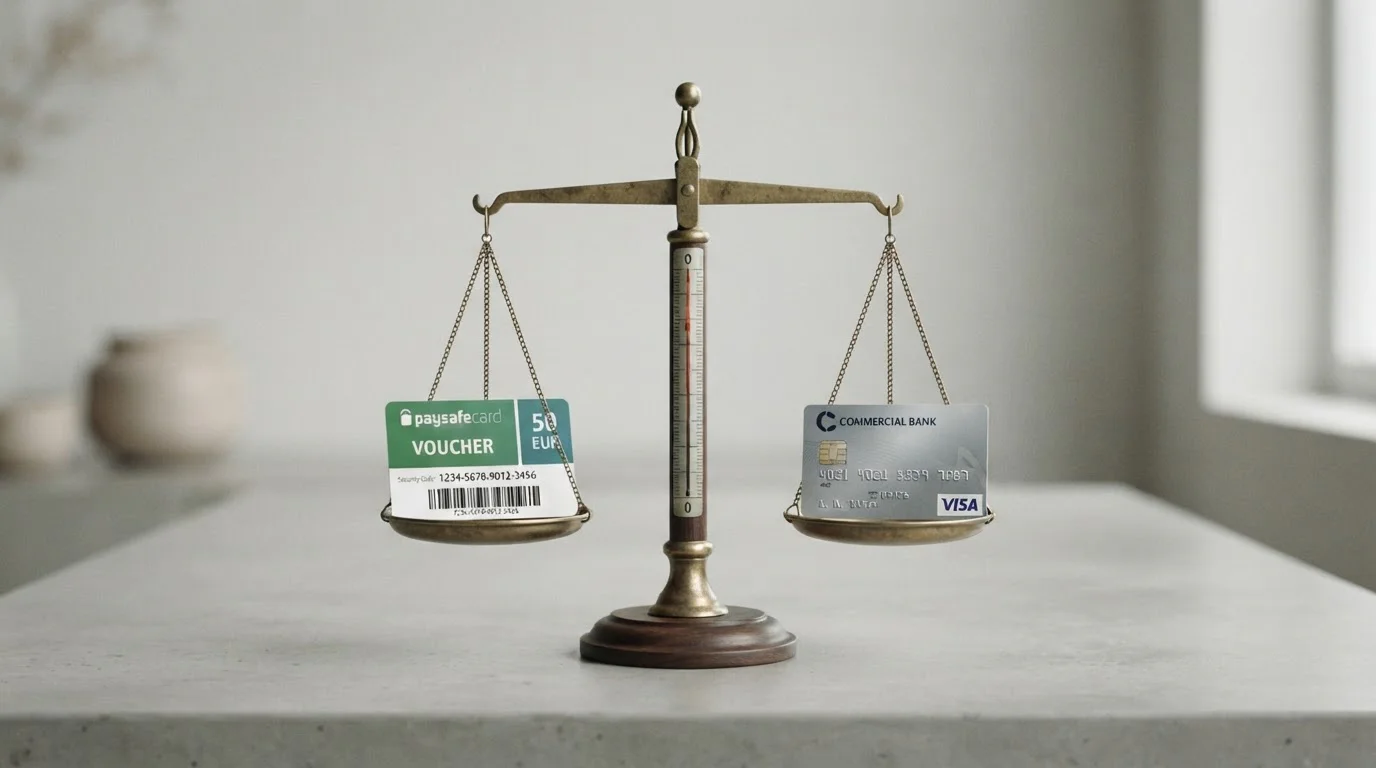 Váhy s kupónem Paysafecard na jedné straně a bankovní kartou na druhé symbolizující rozhodování