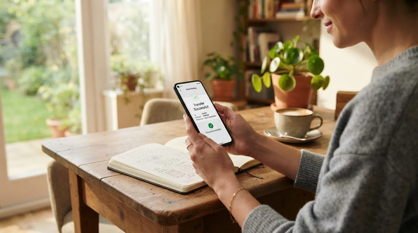 Ruce držící telefon s aplikací Česká spořitelna PLATBA 24 při potvrzování převodu