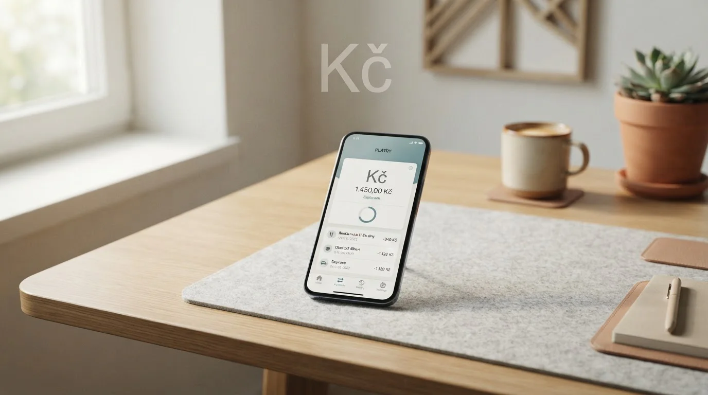 Moderní smartphone s mobilní platební aplikací a české koruny na pozadí