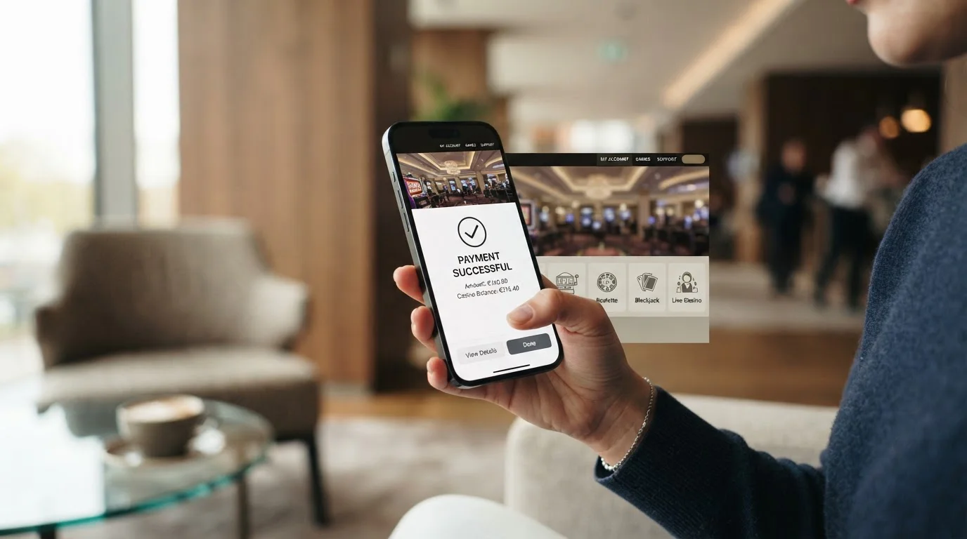 Smartphone s mobilní platbou Apple Pay a otevřeným casino rozhraním na obrazovce