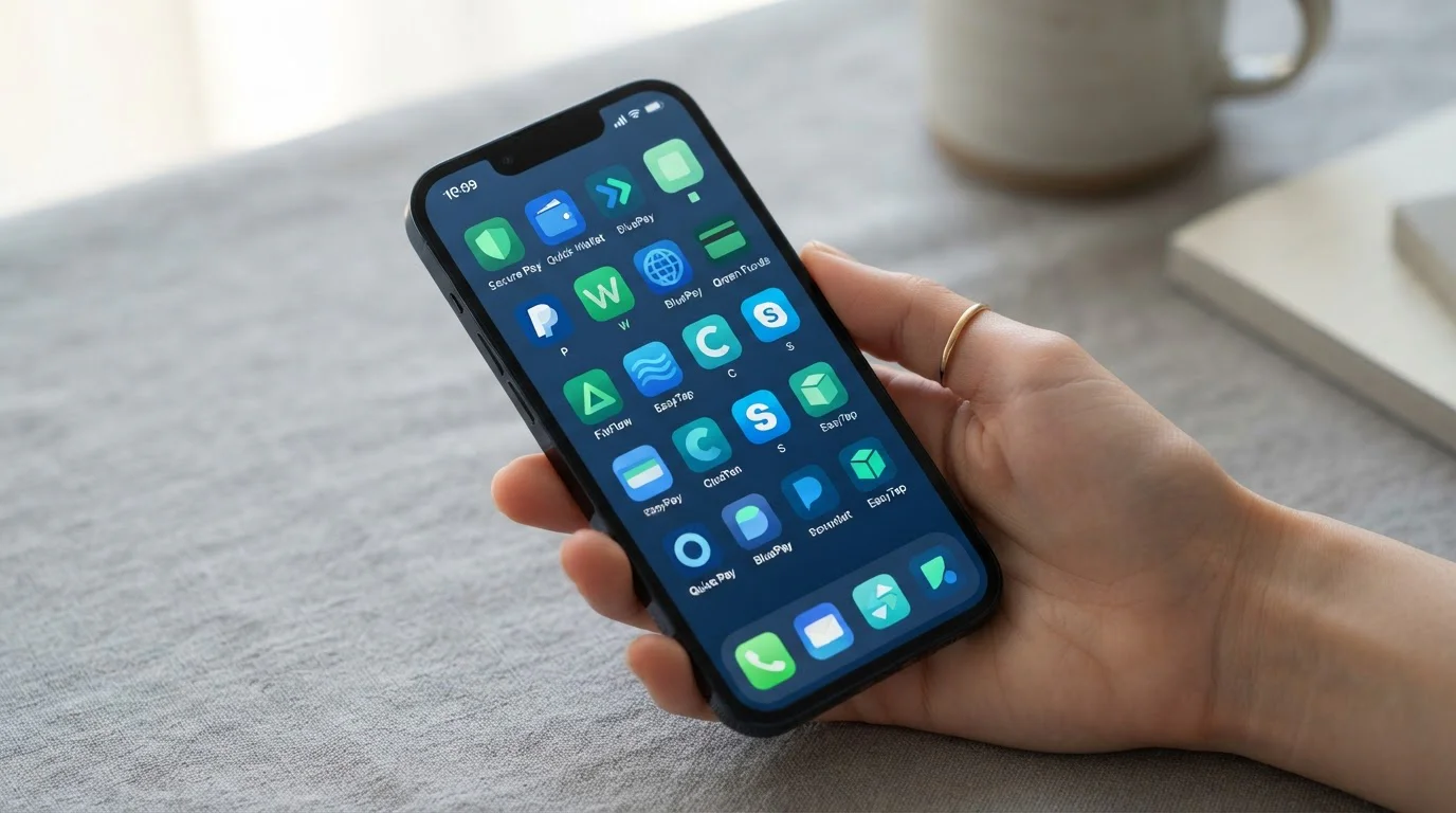 Mobilní telefon s různými platebními aplikacemi a ikonami e-peněženek