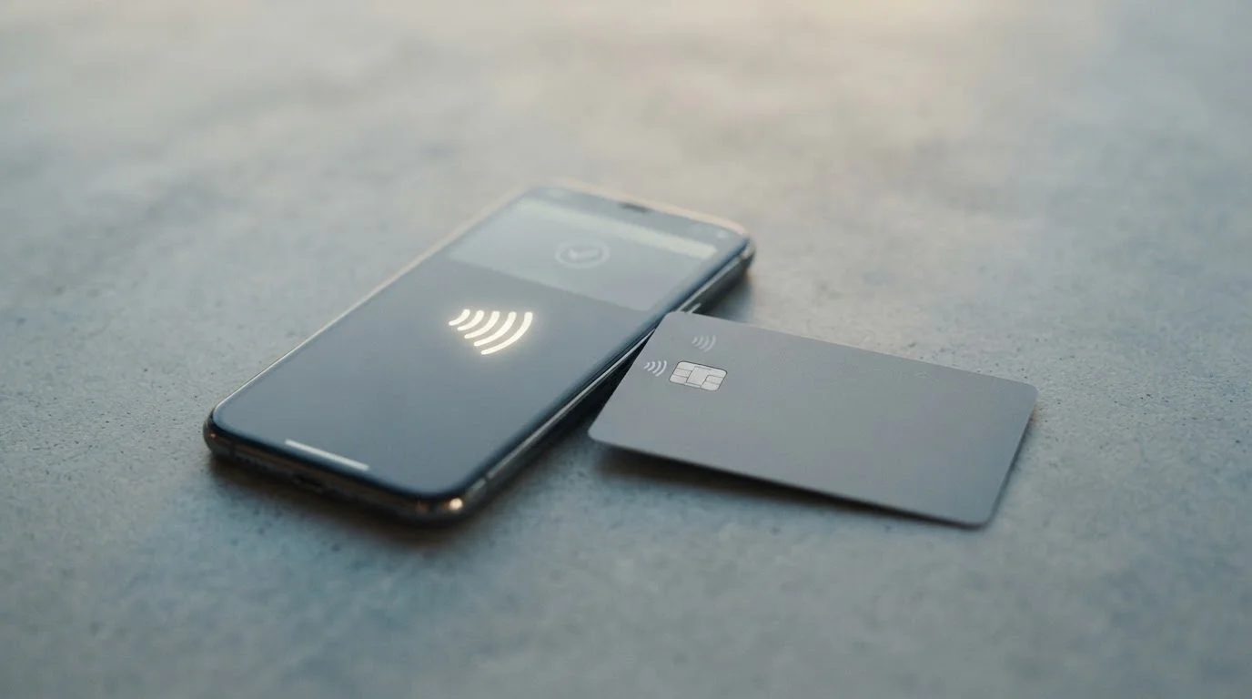 Detail moderních platebních metod včetně smartphonu s NFC platbou a platební karty na čistém pozadí