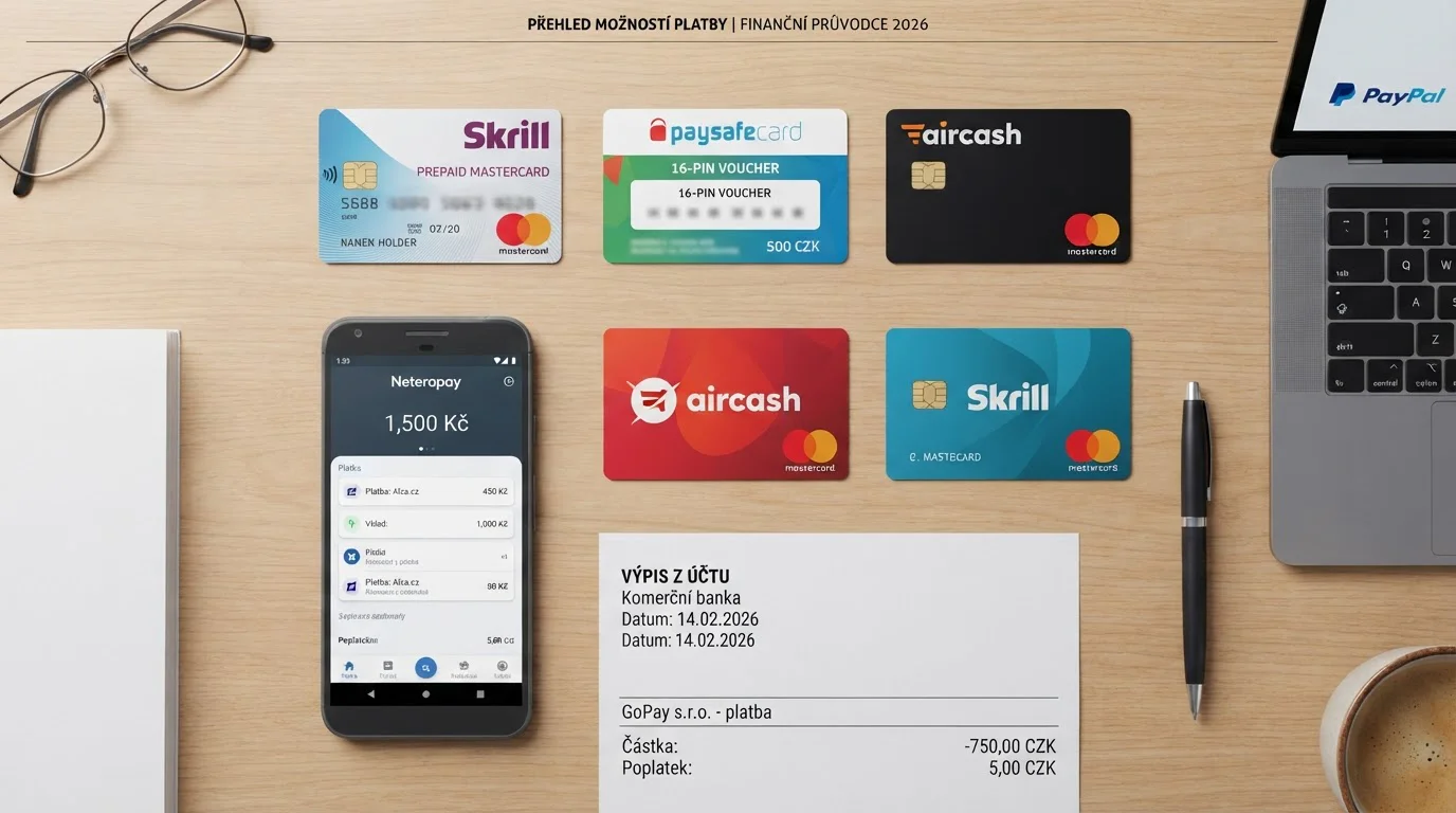 Srovnání platebních metod — karty Skrill, Paysafecard, Neterapay a další na stole