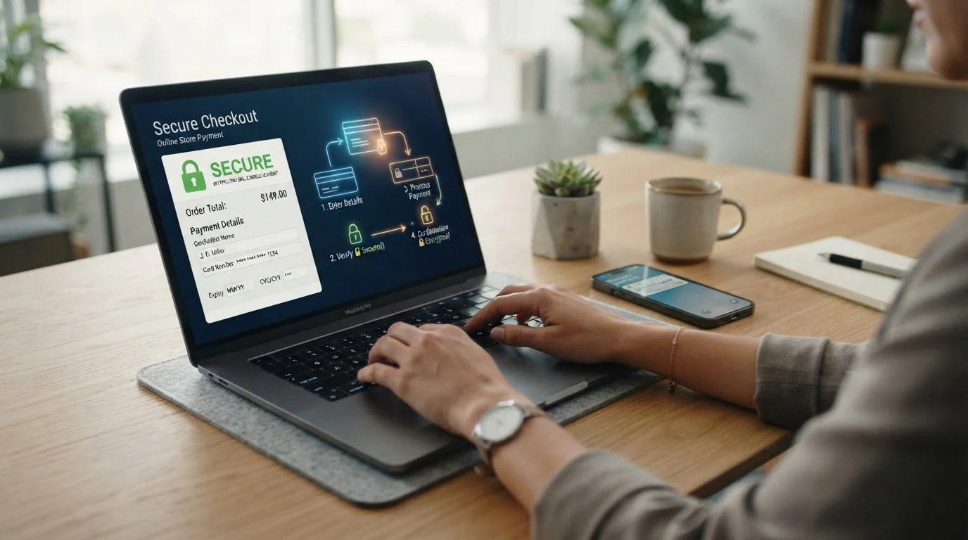 Proces online platby s bezpečným pokladna rozhraním na notebooku