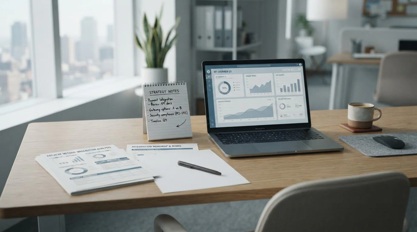 Pracovní stůl s dokumenty o integraci platebních metod a laptop