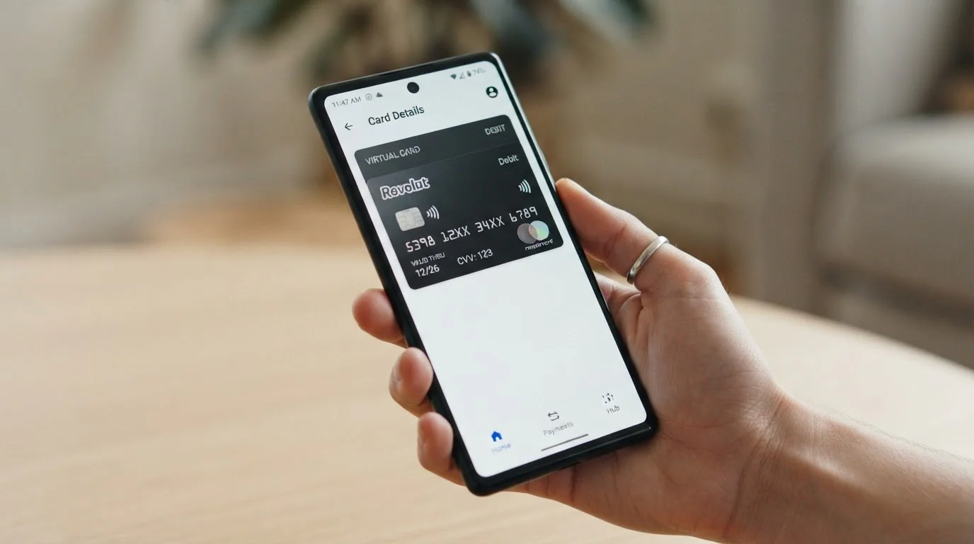Detailní záběr Revolut virtuální karty zobrazenou v mobilní aplikaci s viditelnými čísly karty a bezpečnostními funkcemi