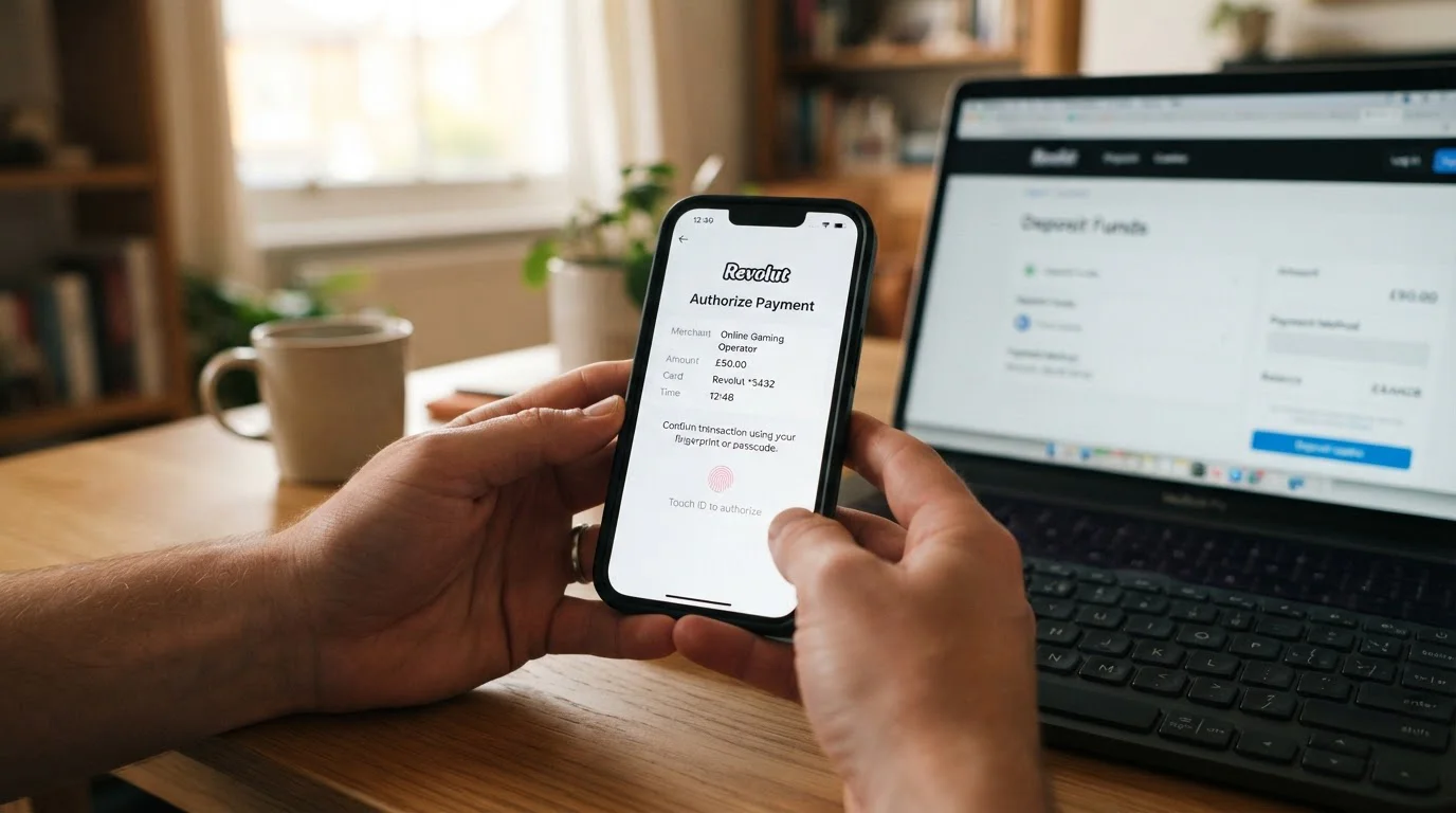 Ruce držící smartphone zobrazující Revolut 3D Secure autorizaci pro casino transakci, na pozadí rozmazaný laptop s otevřeným casino cashier