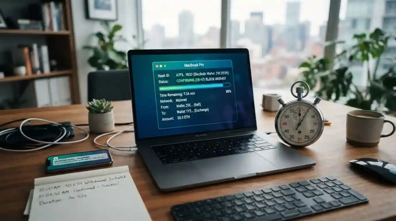 Chronometr ukazující rychlé časy výběrů vedle blockchain konfirmačního rozhraní
