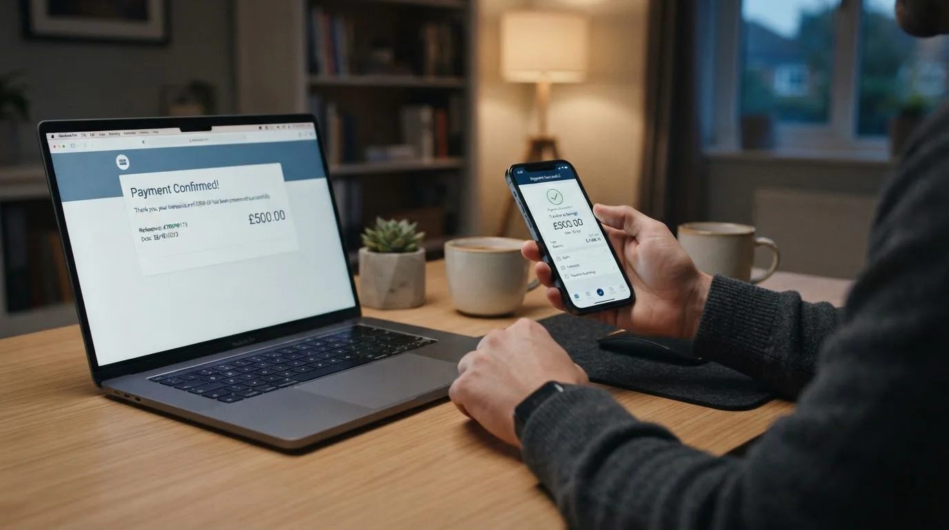 Osoba u pracovního stolu s notebookem a mobilním telefonem, rychlá bankovní platba