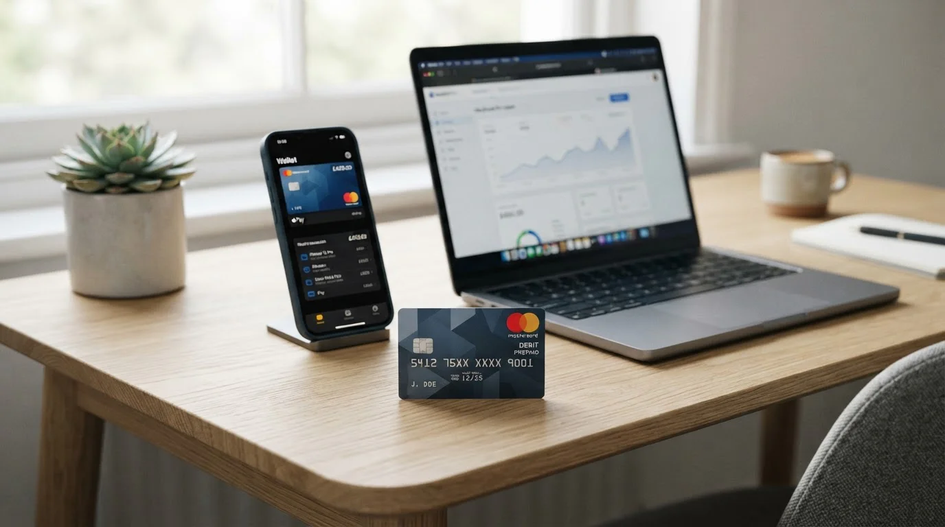 Skrill prepaid Mastercard ležící na stole vedle notebooku s otevřenou peněženkou