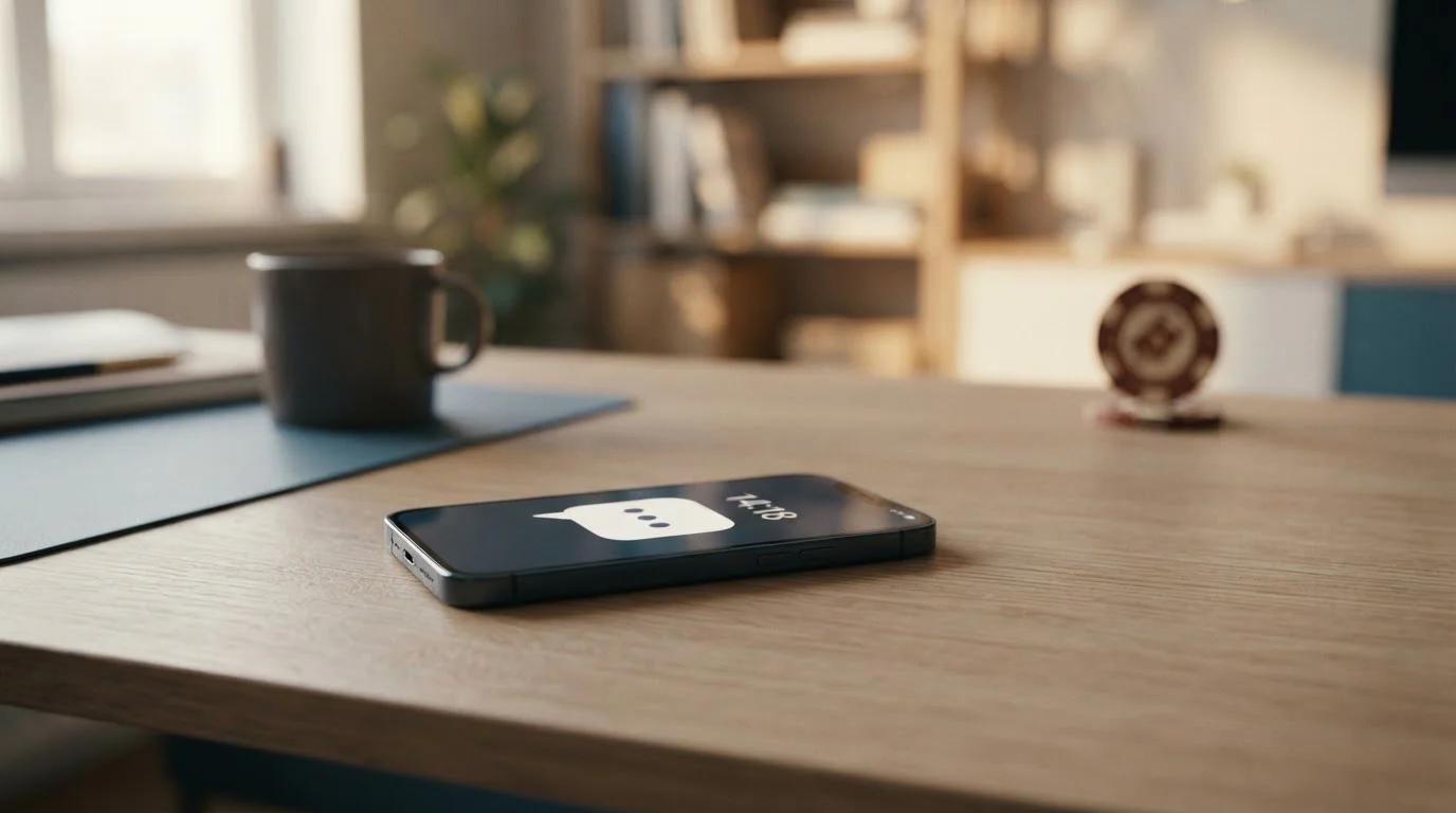 Smartphone s notifikací o SMS platbě a symbolickým žetonem kasina na pozadí