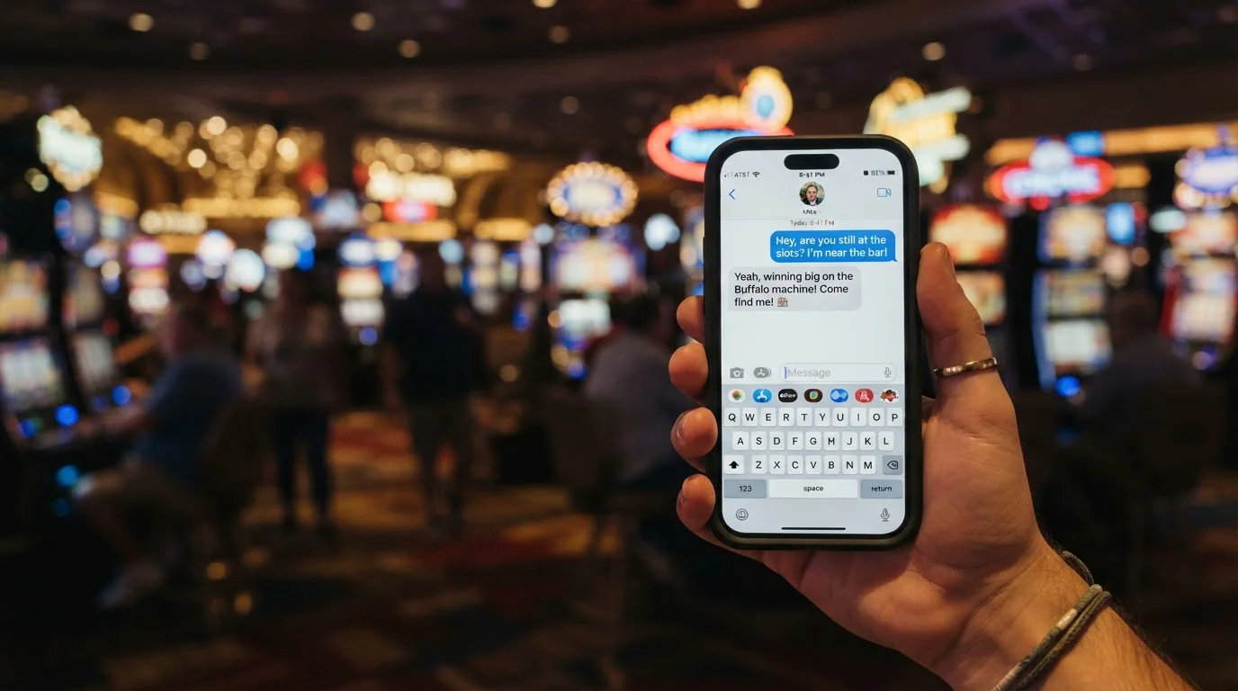 Člověk drží smartphone s otevřenou SMS zprávou a na pozadí vidíme casino automaty s rozmazanými světly