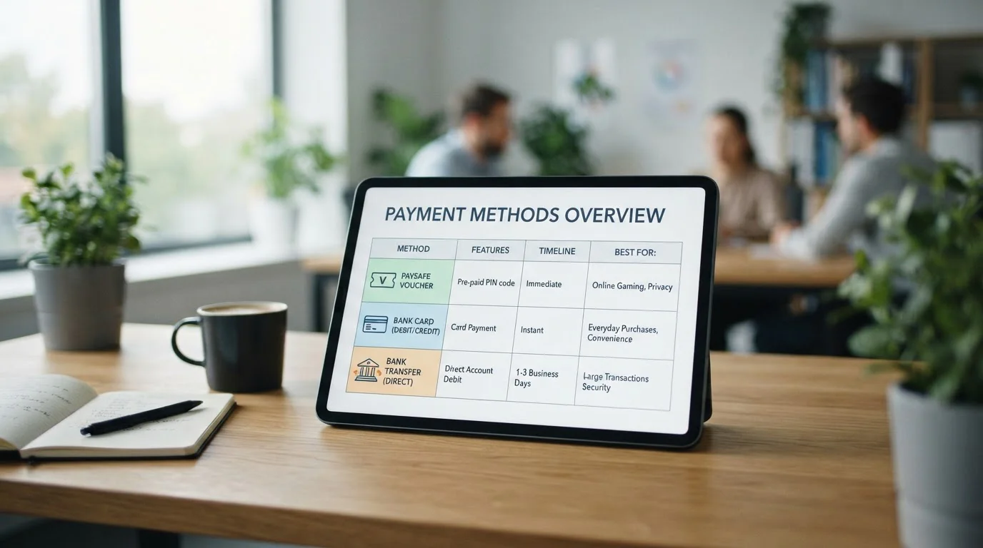 Porovnávací graf různých platebních metod s Paysafecard, kartou a bankovním převodem