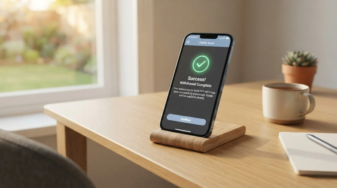 Moderní smartphone zobrazující notifikaci o úspěšném výběru peněz z online casina během několika sekund