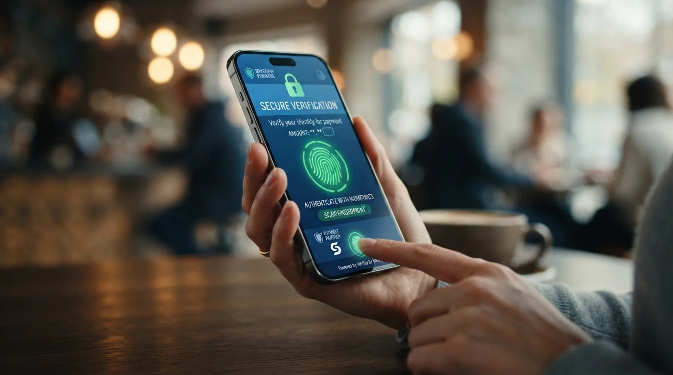 Smartphone s 3D Secure ověřením Visa platby přes biometrickou autentizaci