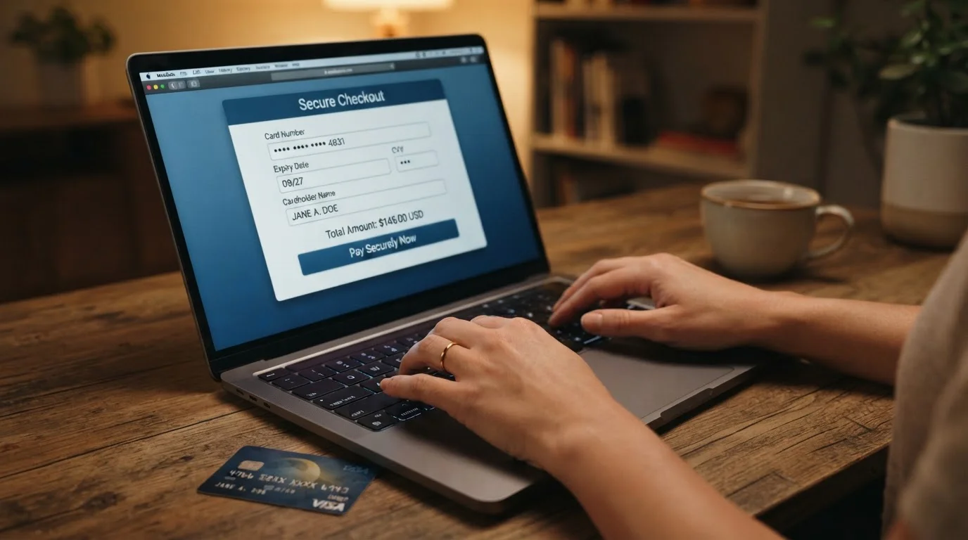 Osoba u počítače zadávající platební údaje Visa karty do online casino rozhraní