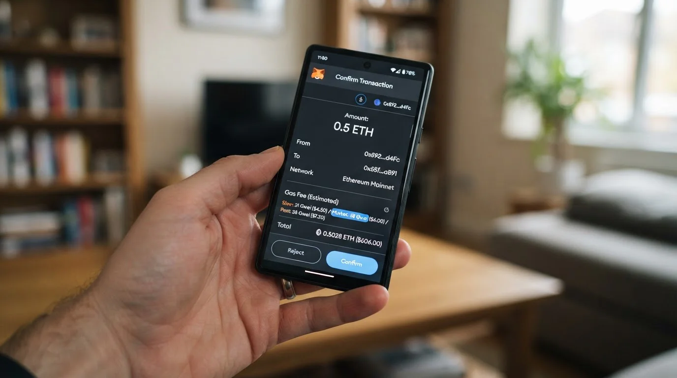Mobilní telefon s MetaMask peněženkou zobrazující ethereum transakci do kasina