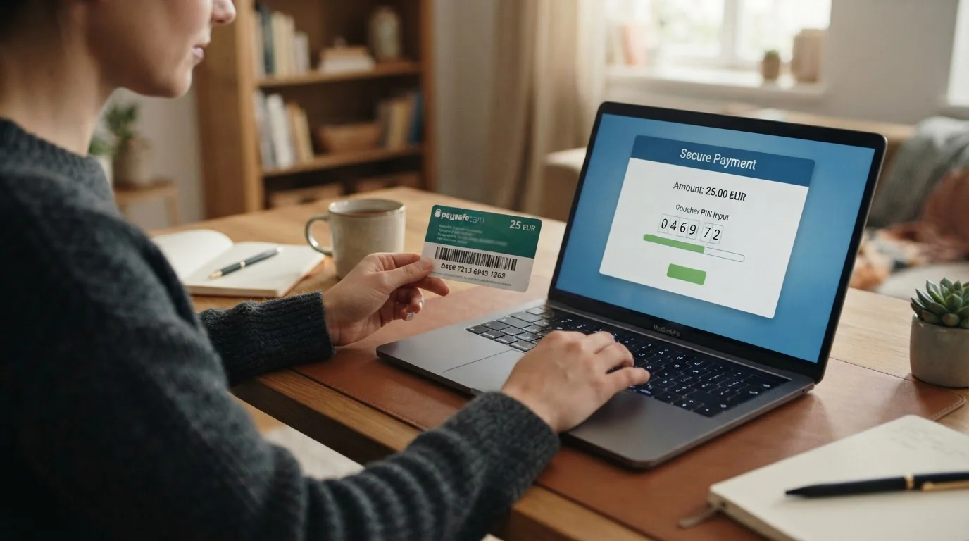 Osoba zadává PIN kód z Paysafecard voucheru do notebooku