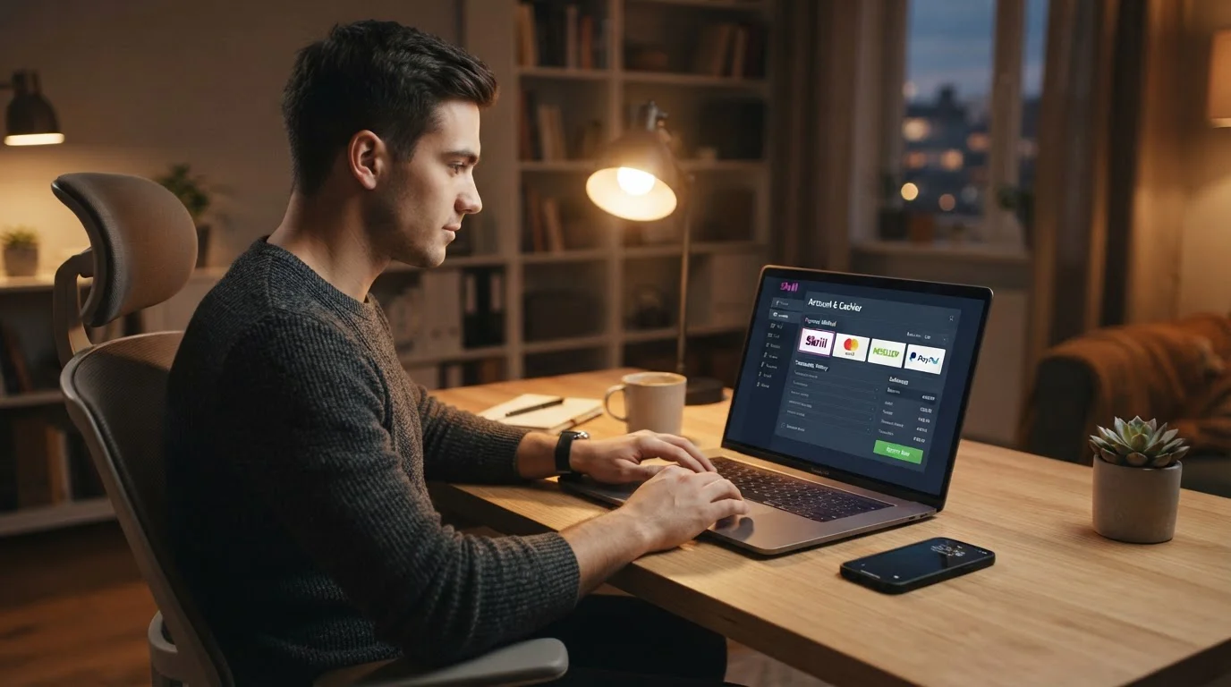 Osoba u počítače provádějící vklad do online kasina s viditelným rozhraním Skrill platby na obrazovce