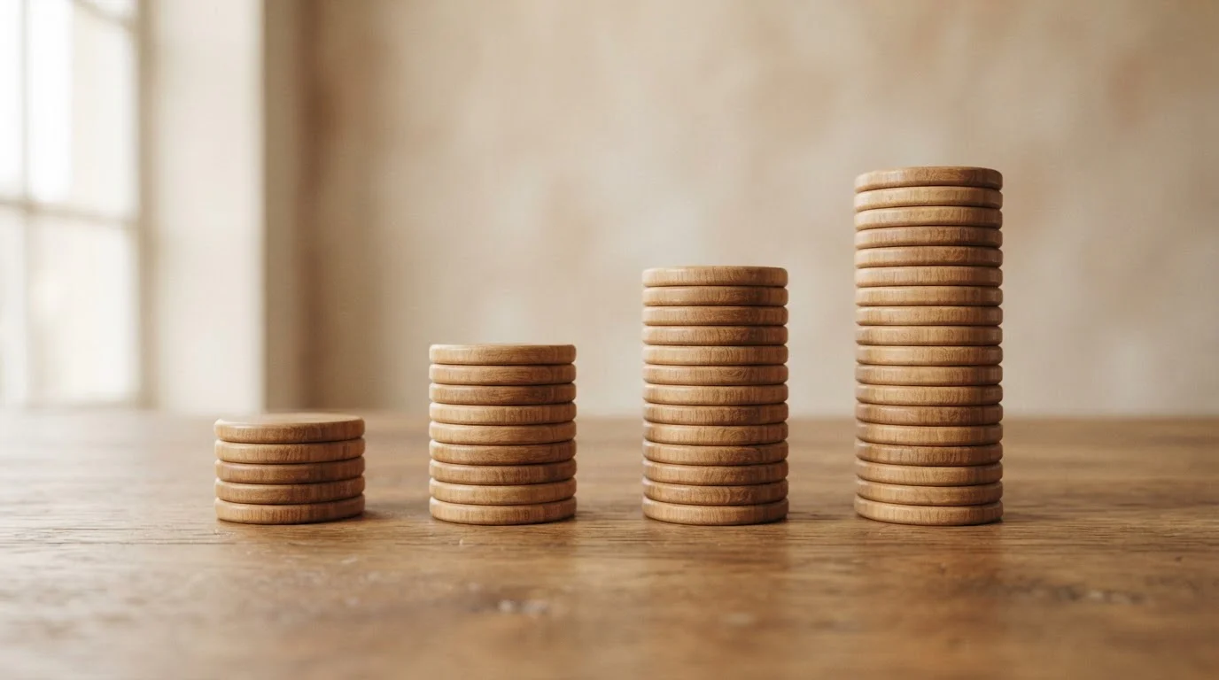 Porovnání čtyř stohovek bankovek reprezentujících různé vkladové úrovně 50, 100, 200 a 500 korun