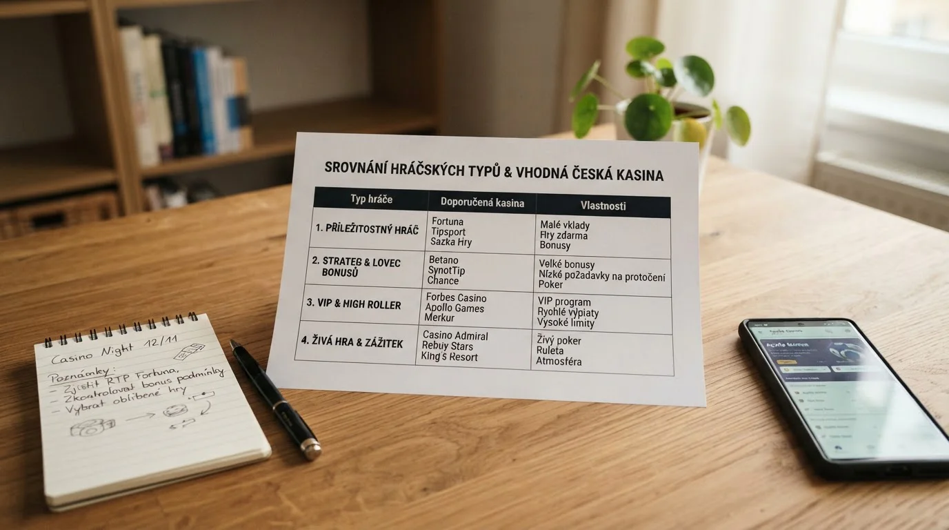 Srovnávací tabulka typů hráčů a vhodných českých casin na pracovním stole s poznámkami