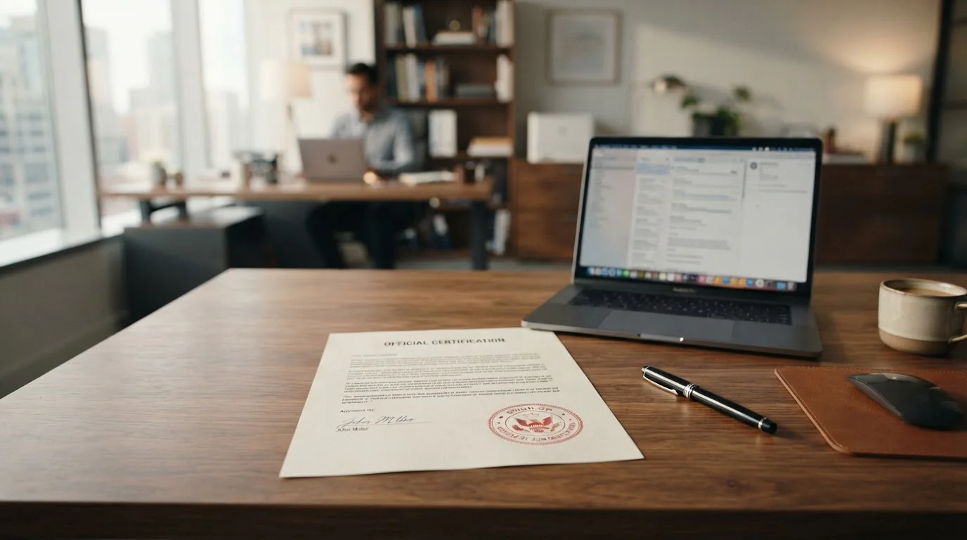 Dokument s oficiální českou licencí Ministerstva financí na stole vedle laptopu
