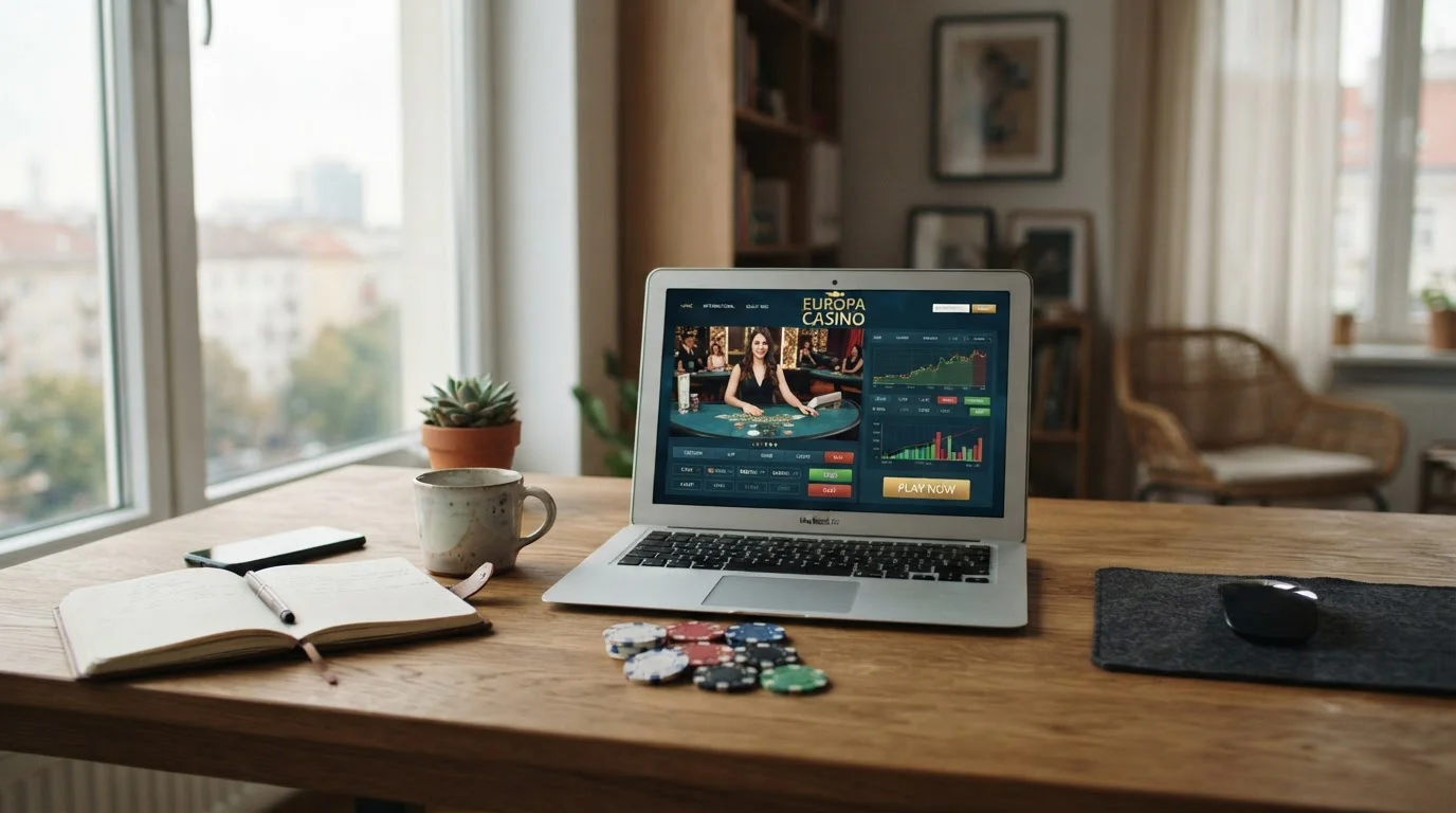 Stůl s notebookem zobrazujícím rozhraní zahraničního online casina a hromádkou žetonů bez nominální hodnoty