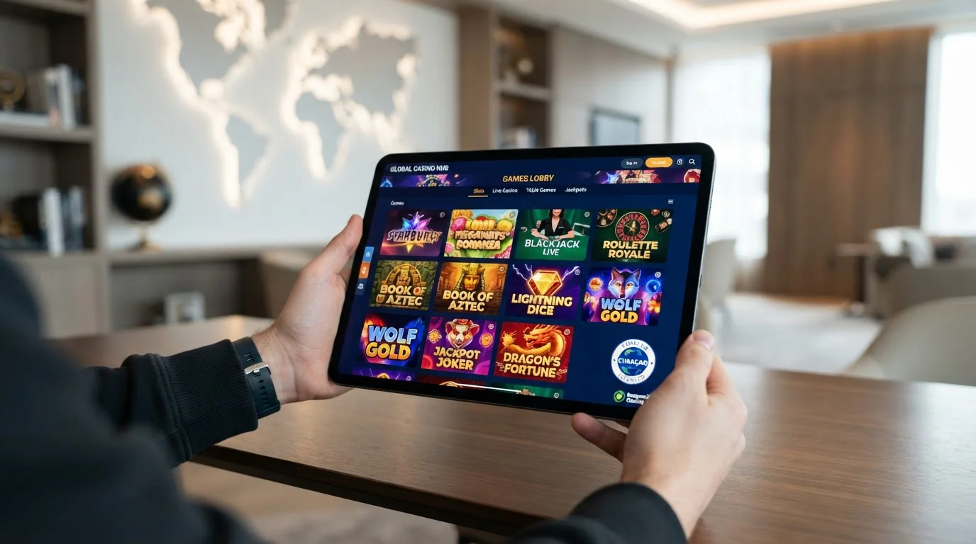 Zahraniční offshore casino pro české hráče — Winbay a Boomerang casino logo na tabletu, licence Curaçao v pozadí